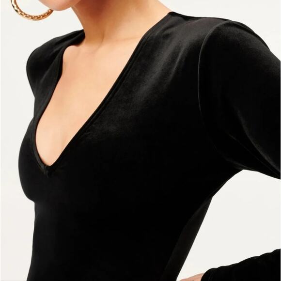 NWT Good American Black Stretch Velvet Deep V-Neck Long Sleeve Midi Dress XS - Picture 3 of 11